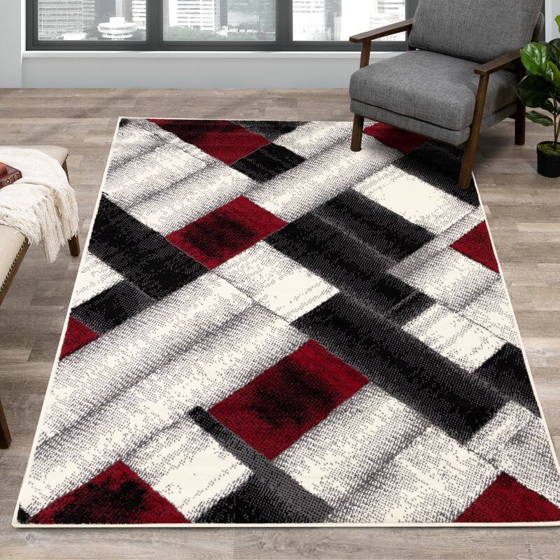 Florence Collection - Grey/Red Rectangles Area Rug - 4'7" x 6'7"