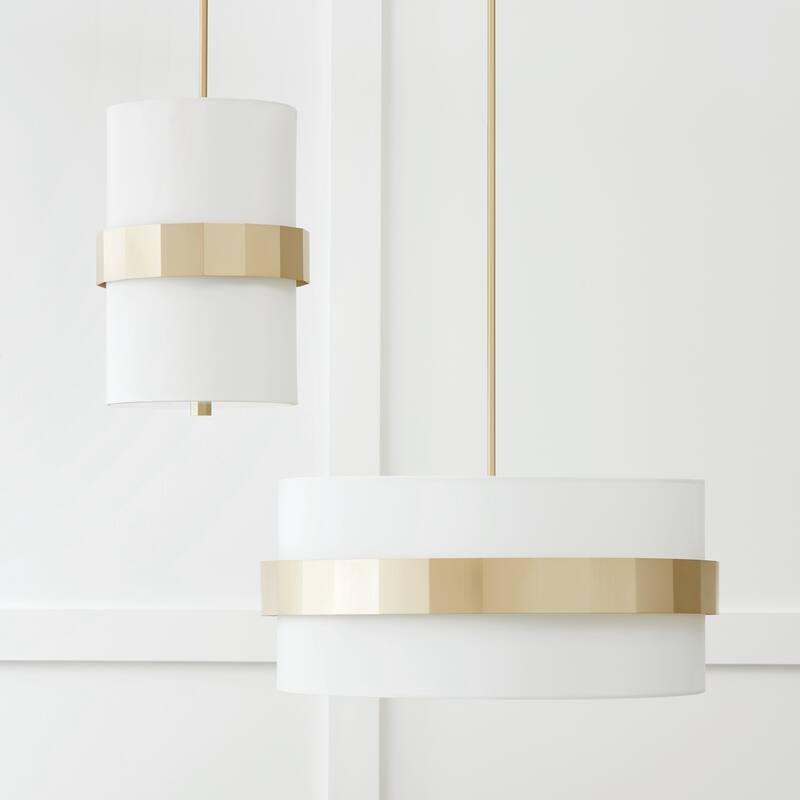 Sutton 2-light Soft Gold Drum Pendant w/ White Fabric Shade & Frosted Glass Diffuser