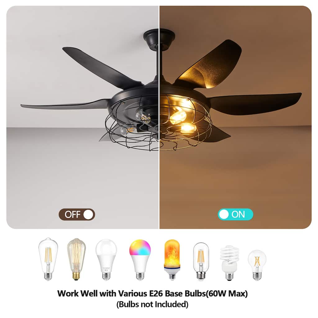 6-Speed Reversible Ceiling Fan for Bedroom Living Dining Room, 52" Industrial Cage Ceiling Fan with Light, Bulb Not Included