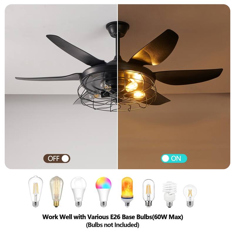 6-Speed Reversible Ceiling Fan for Bedroom Living Dining Room, 52" Industrial Cage Ceiling Fan with Light, Bulb Not Included - Black - 52 Inch