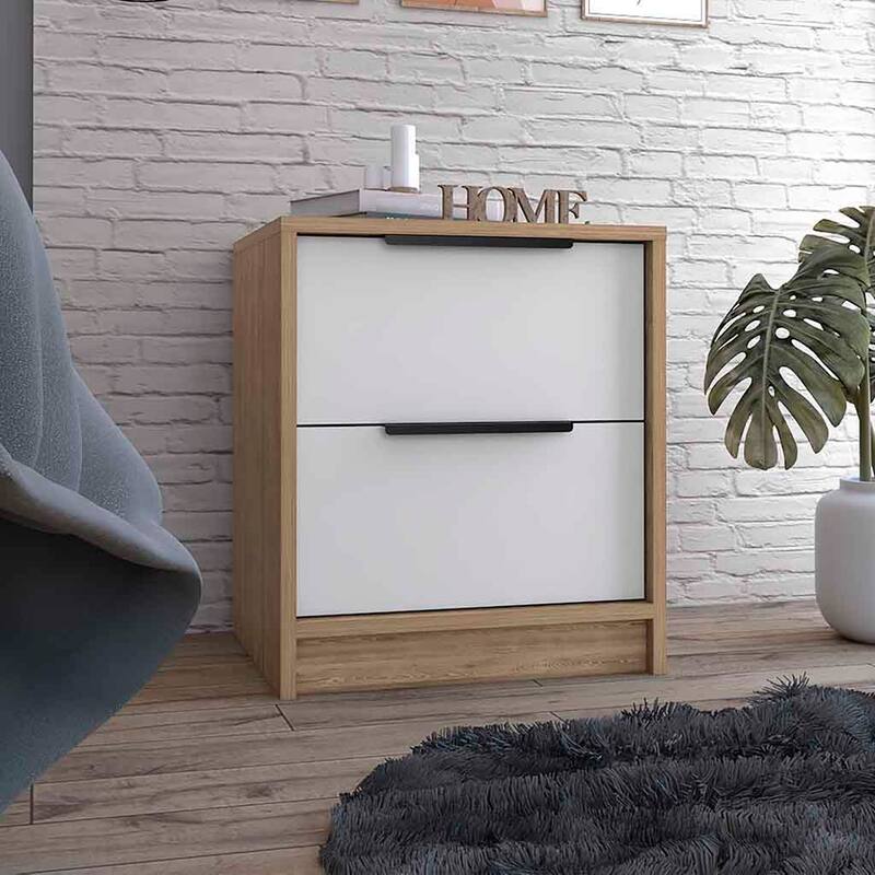 Bedroom Nightstand Two Drawers Metal Handle Smokey Oak