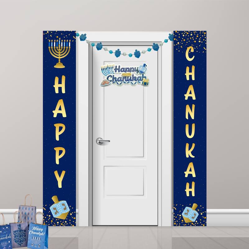Happy Chanukah Door Banner - 70" - Blue and Gold.