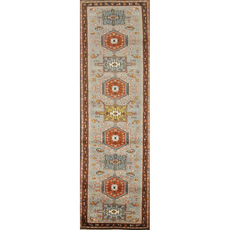 Hand Knotted Oriental 100% Wool Carpet Traditional Geometric Navy Blue & Blues Kazak Runner Rug - 10' 3'' X 2' 6''