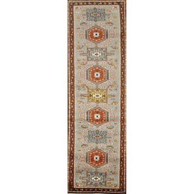 Hand Knotted Oriental 100% Wool Carpet Traditional Geometric Navy Blue & Blues Kazak Runner Rug - 10' 3'' X 2' 6''