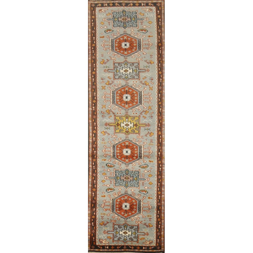 Hand Knotted Oriental 100% Wool Carpet Traditional Geometric Navy Blue & Blues Kazak Runner Rug - 10' 3'' X 2' 6''