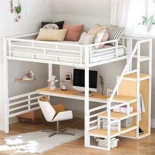 Full Size Metal Loft Bed with Desk, Storage Staircase and Small Wardrobe, Storage stairs can be installed left and right, White