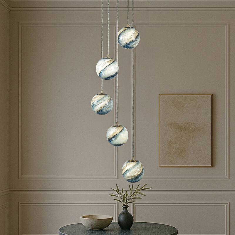 12'' 5-Light Modern Glazed Glass Globe Staircase Chandelier Coastal Handcrafted Glass Pendant In Matte Black - W12''