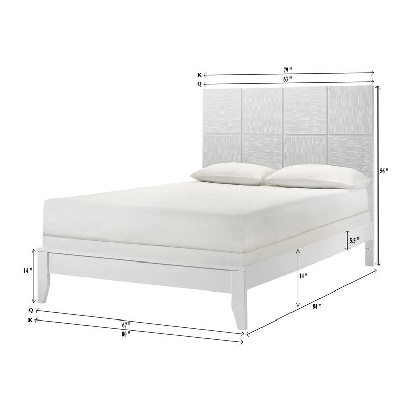 Queen Size Contemporary Bed with Geometric Headboard in Crisp White