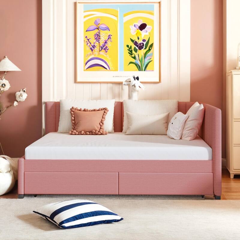 Full Size Upholstered Daybed with 2 Storage Drawers Sofa Bed Frame No Box Spring Needed, Linen Fabric