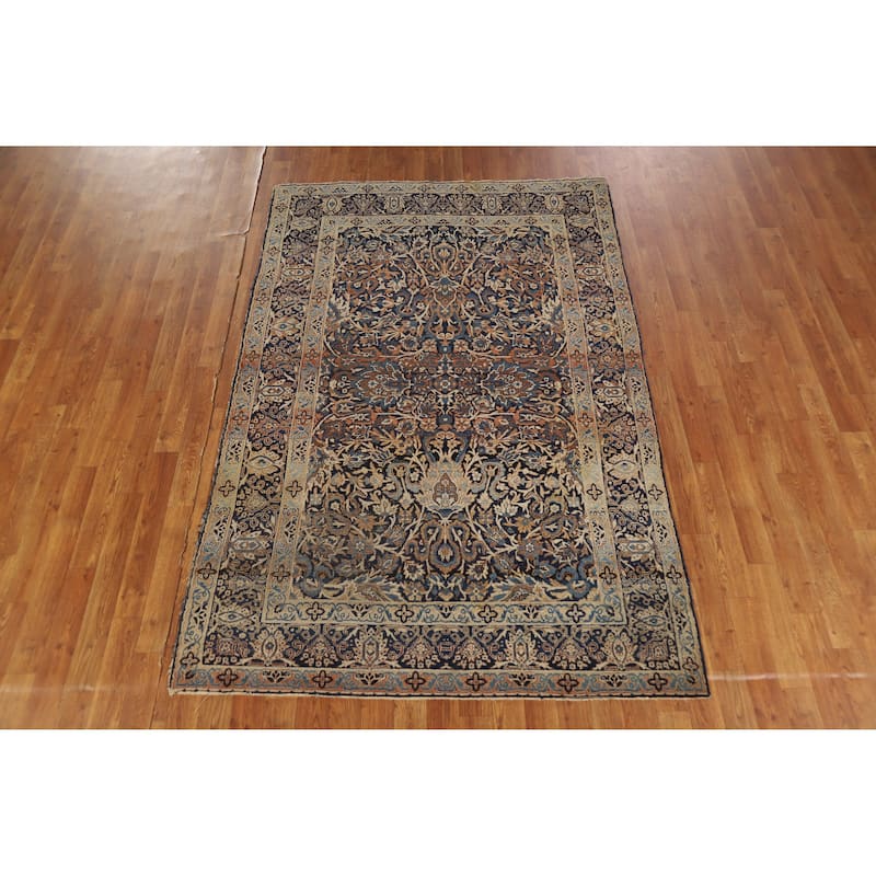 Hand Knotted Oriental 100% Wool Carpet Traditional All-Over Navy Blue & Blues Kerman Area Rug - 7' 0'' X 4' 7''