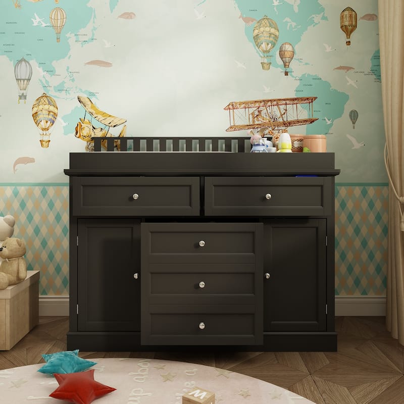 Classic White Baby Changing Table with Storage Cabinets and Drawers