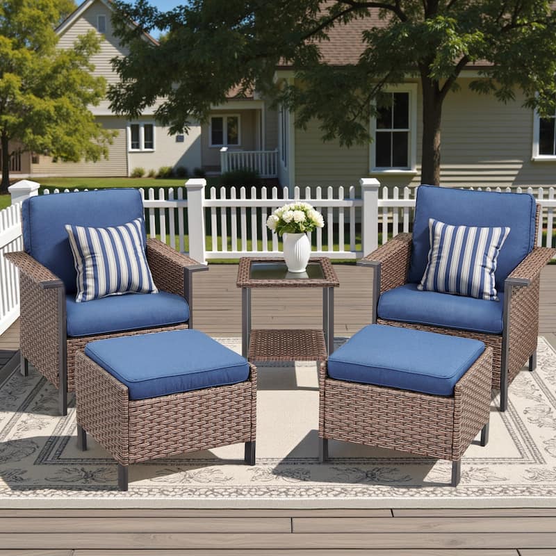 Pocassy Outdoor Wicker 5-Piece Patio Chair Table with Ottoman - Brown Wicker Blue Cushion - 5-Piece Patio Chair Table with Ottoman