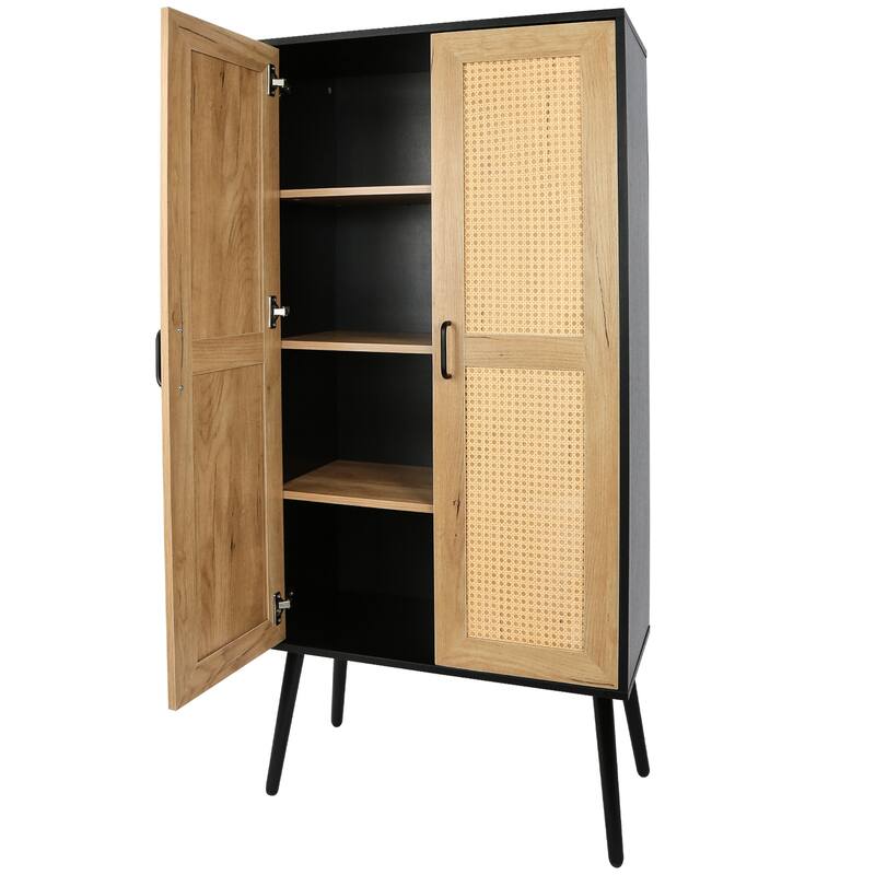 Rustic Wooden Farmhouse Storage Cabinet with Double Rattan Doors