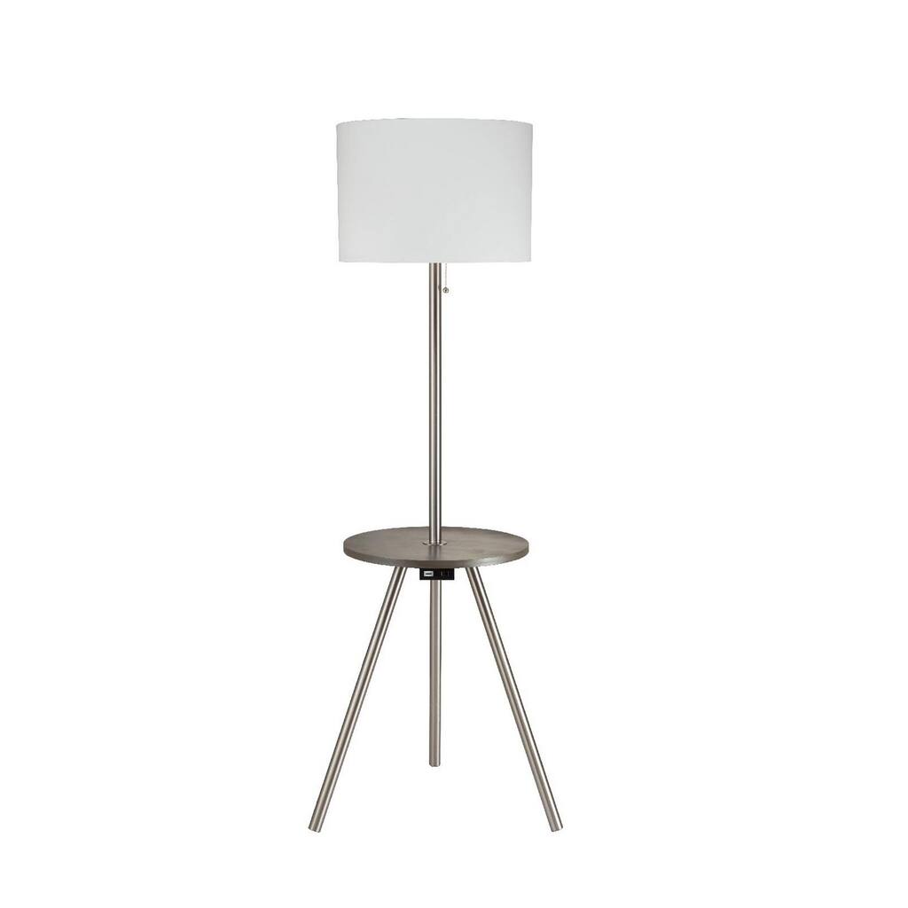 Metal Floor Lamp with Wooden Top and Tripod Legs, Silver