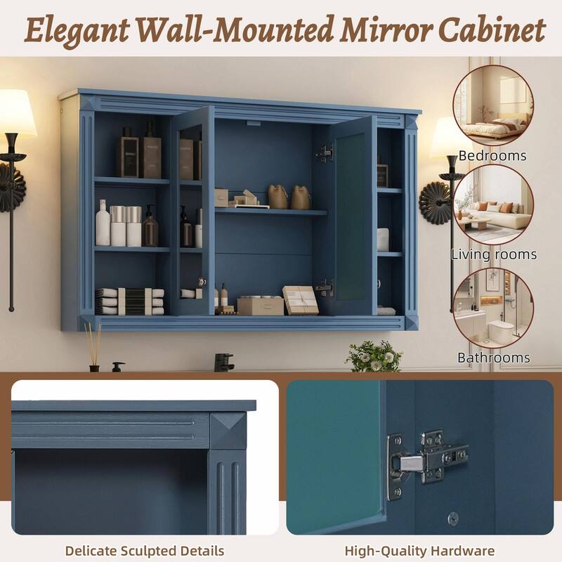 47-Inch Bathroom Mirror Cabinet with Storage, Adjustable Shelf, Open Shelves
