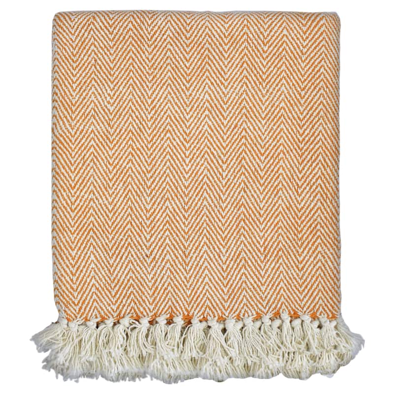 Fabstyles Herringbone Stripe Cotton Throw Blanket With Fringes