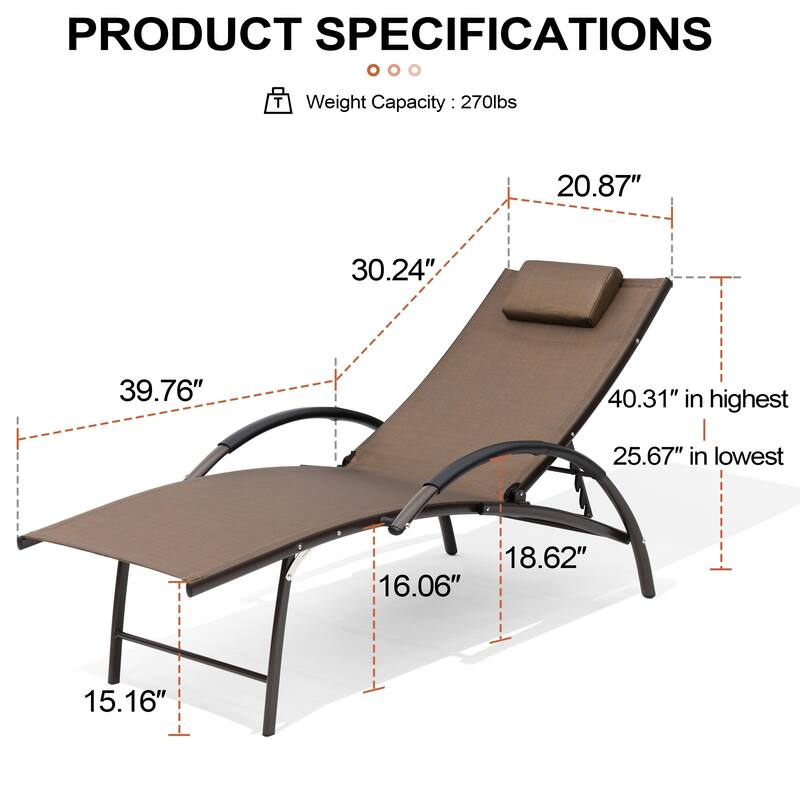 Crestlive Products Outdoor Adjustable Reclining Chaise Lounge Chair with Armrest