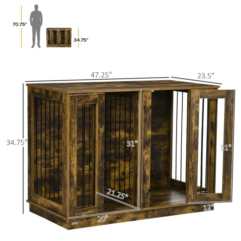 PawHut Large Furniture Style Dog Crate with Removable Panel, End Table with Two Rooms Design and Two Front Doors