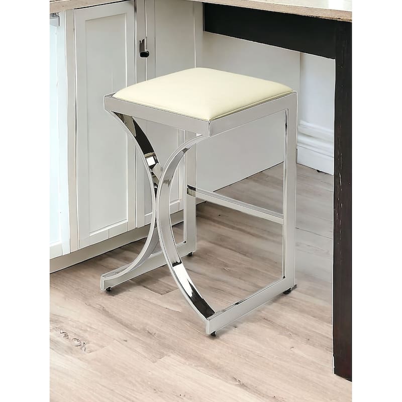 24" Off White And Silver Faux Leather And Iron Backless Counter Height Bar Chair - White and Silver