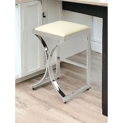 24" Off White And Silver Faux Leather And Iron Backless Counter Height Bar Chair