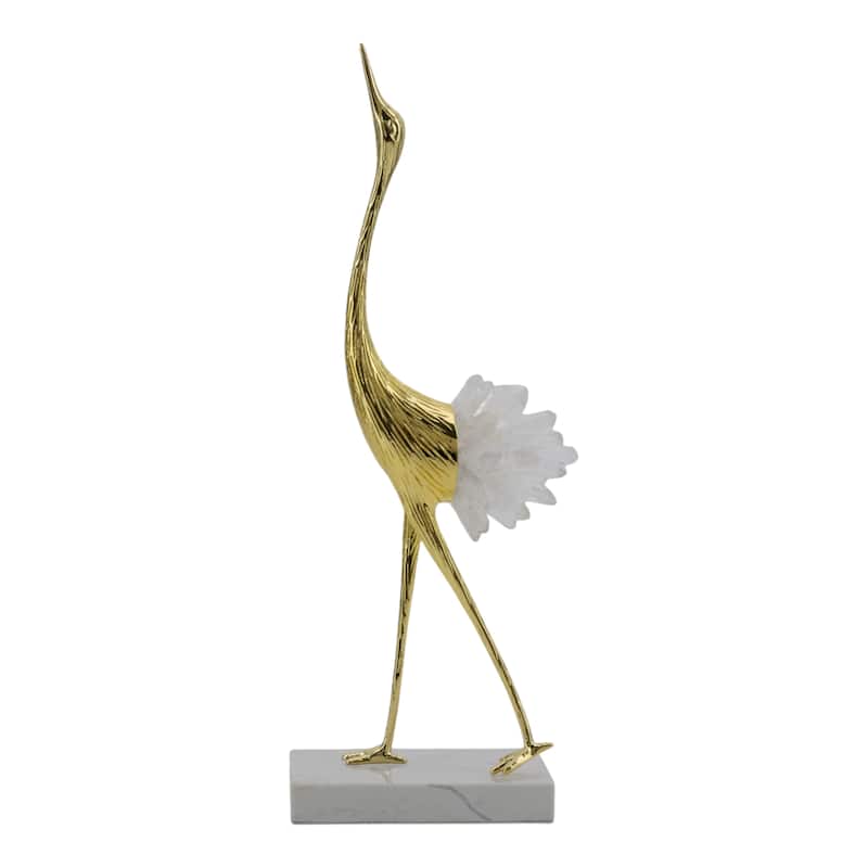 Metal Modern Crane Sculpture with Crystal Accents and Marble Base