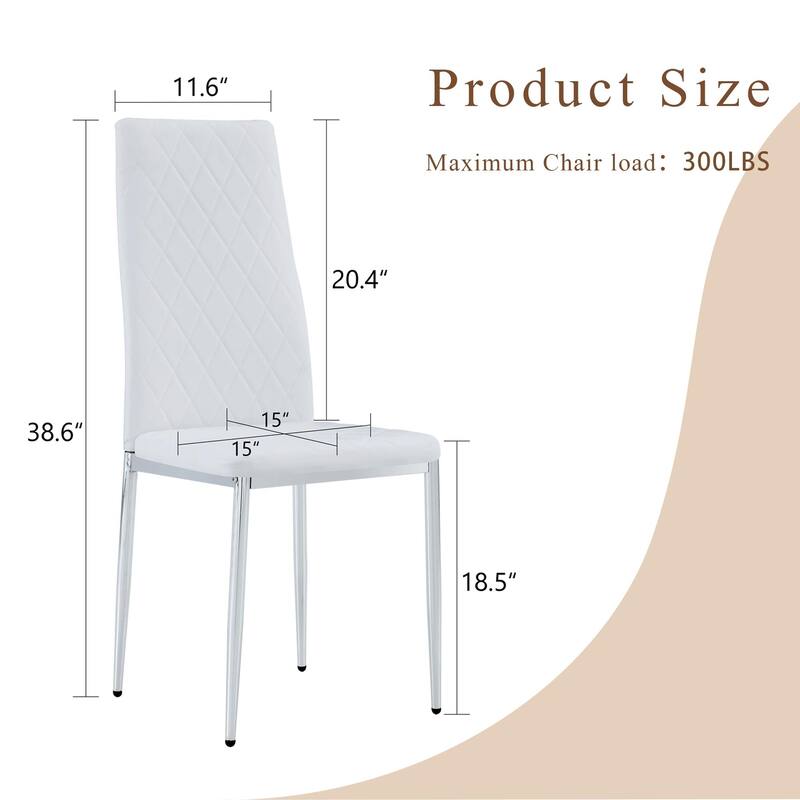 Modern White PU Dining Chairs Set of 4 - Diamond Quilted High Back Design with Silver Chrome Metal Legs