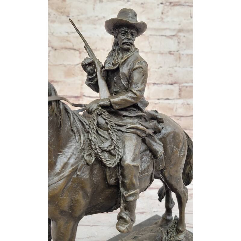 Bronze Remington Tribute Cowboy W/ Rifle Riding Horse Sculpture Statue Marble 12 Inches X 12 Inches
