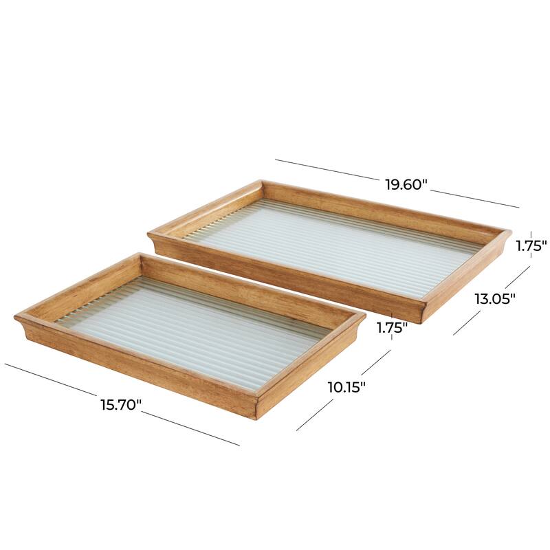Brown Wood Nesting Living Room Decor Tray with Fluted Glass Bases (Set of 2)