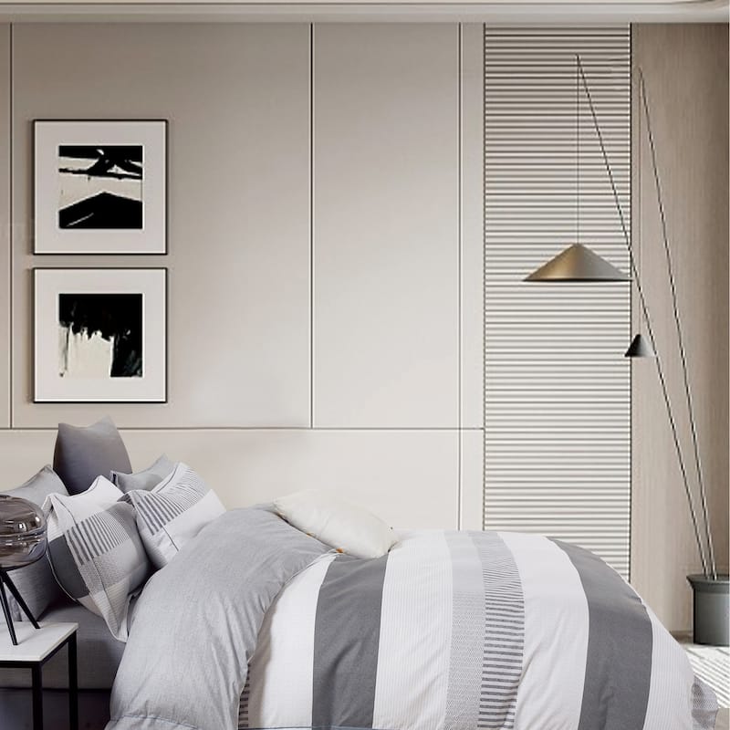 Wilhelm -B White/Gray Striped 100% Cotton Reversile Comforter Set