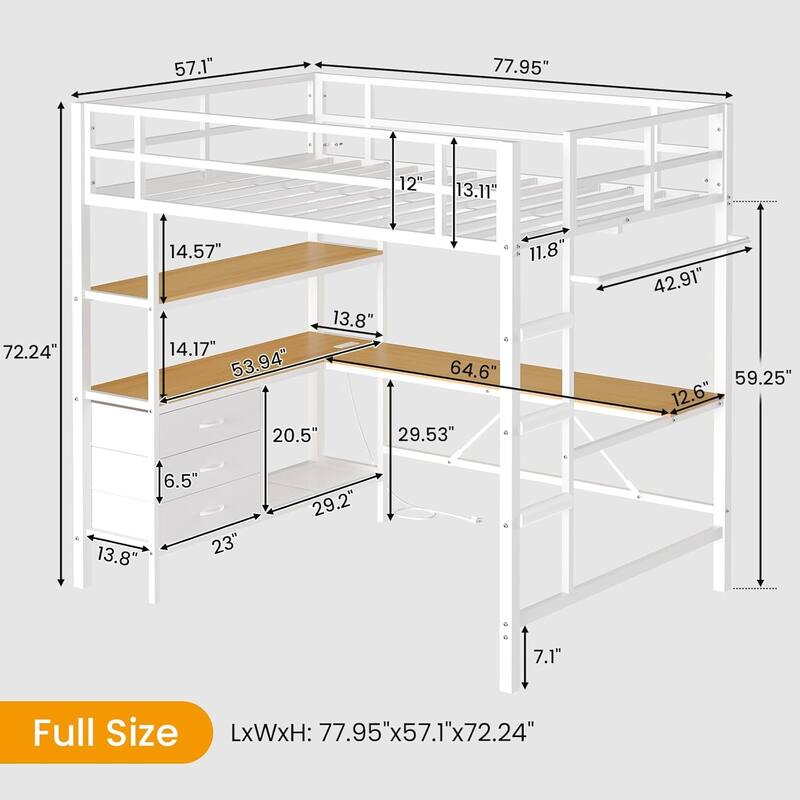Loft Bed with L-Shaped Desk Charging Station Metal LED Lights 3 Fabric Drawers