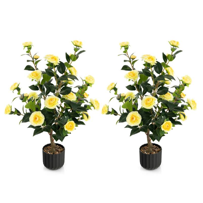 Set of 2 Artificial Camellia Trees 36 Inch Lifelike Indoor Decorative Plants with Cement Pots - 5" x 36"