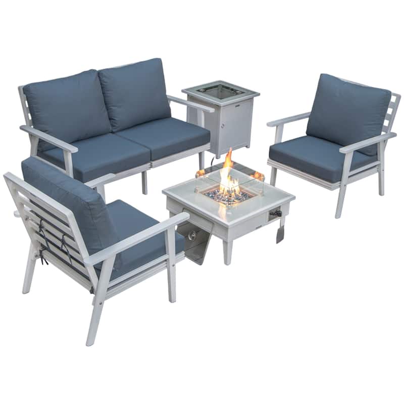 Walbrooke Modern 4-Piece Aluminum Patio Polyester Seating Furniture Set with 37,000 BTU Propane Fire Pit Table and Tank Holder - Navy Blue