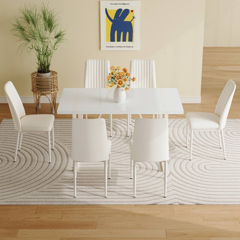 Roomfitters 5/7pcs Modern MDF Dining Table Set with Armless Chairs and Vertical Backrest Design, White - White-6 Chairs