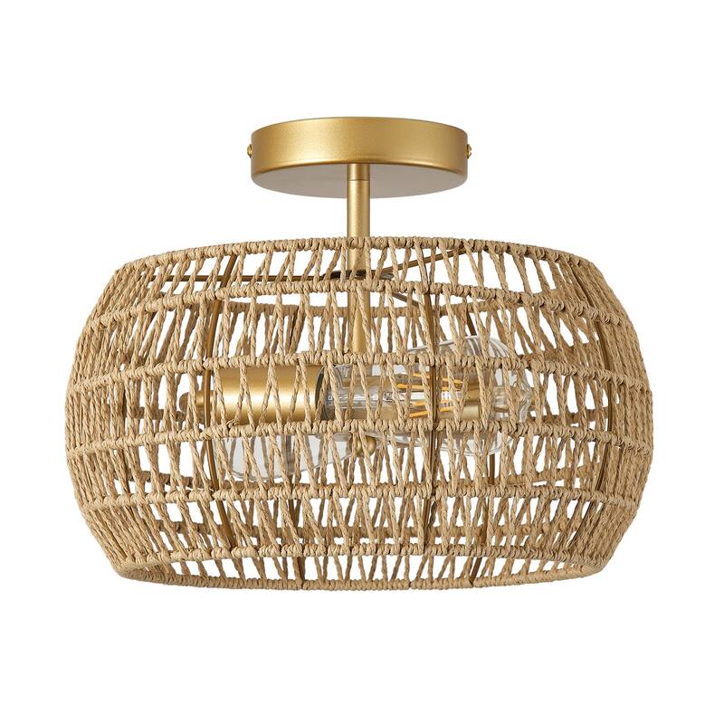 Farmhouse Painted Gold 2-Light Hand-woven Boho Semi Flush Mount Ceiling Light