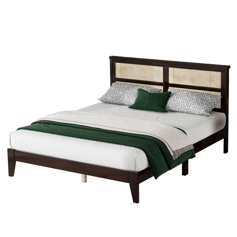 King Size Bed with Rattan Headboard, 2 Under-Bed Storage Drawers, Solid Rubber Wood Frame with Enhanced Support