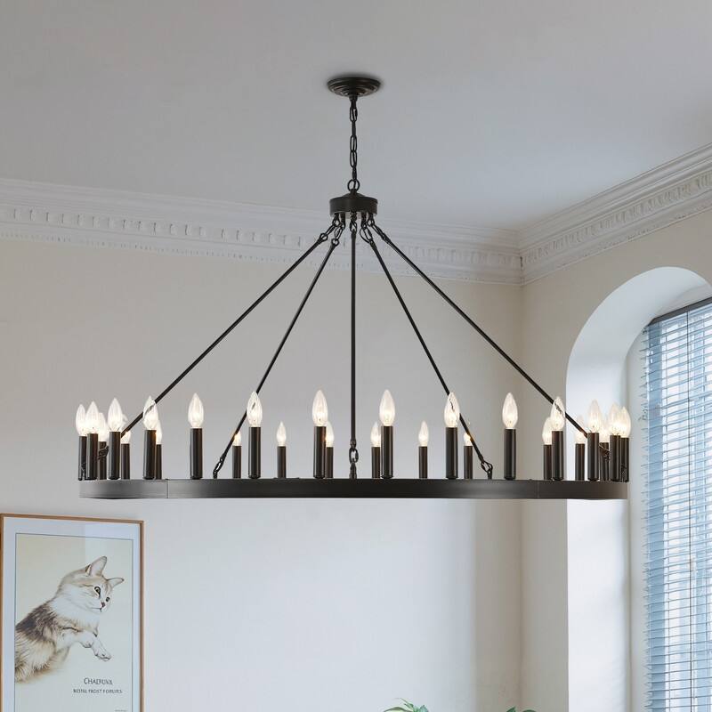 Large Round Classic Chandeliers Modern Farmhouse Chandelier Black Light Fixture - 30Light-53in
