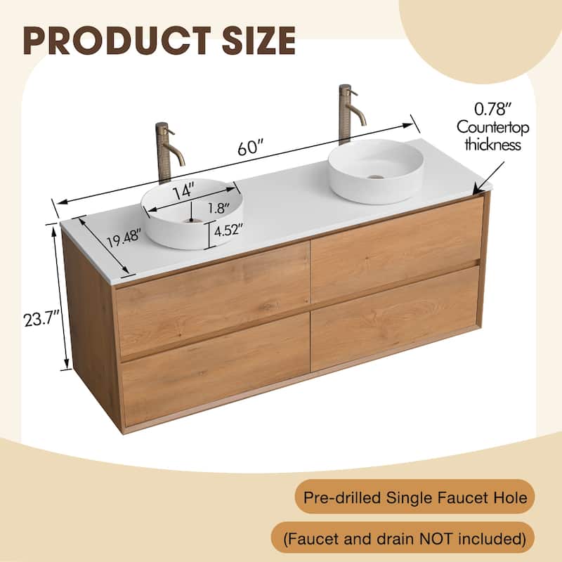 60" Floating Bathroom Vanity Quartz Counter Top with Double Ceramic Vessel Sink