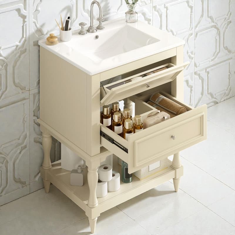 24" Bathroom Vanity with Ceramic Sink, Retro Open-Shelf Cabinet with 2 Drawers