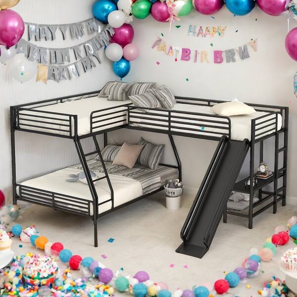 slide 2 of 10, L-Shaped Twin over Full Bunk Bed with Twin Size Loft Bed,Built-in Desk and Slide,Black Black - Twin
