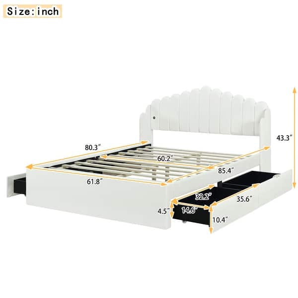 dimension image slide 0 of 4, Full Upholstered Platform Bed with Drawers & USB Ports