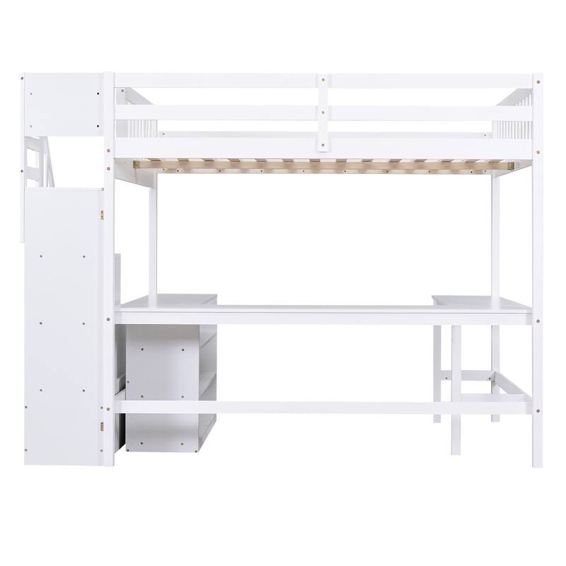 Full Size Pine Wood Loft Bed with Built-in L-Shaped Desk and Three-Tier Storage Shelves, and Attached Storage Staircase