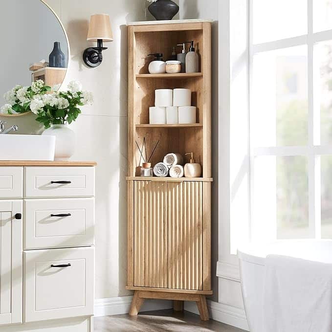 68" Modern Tall Corner Cabinet, Storage Cabinet with Faux Marble Top