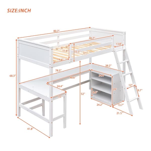 dimension image slide 1 of 3, Modern Concise Design Twin Size Wood Loft Bed with Ladder,Sturdy Pine Wood Made Desk and Shelves in Floor Space