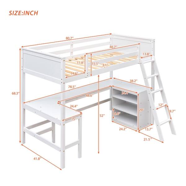 dimension image slide 2 of 3, Wood Twin Loft Bed with Desk & Shelves - Compact & Functional Design