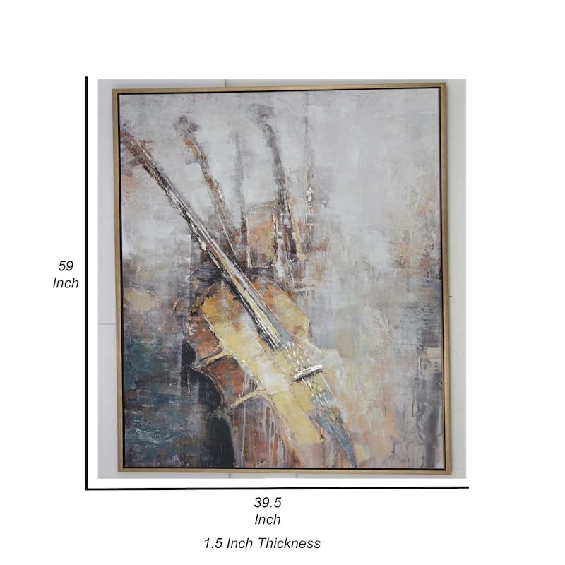 40 x 59 Framed Canvas Oil Painting, Guitar, Natural Fiber, Gray and Brown