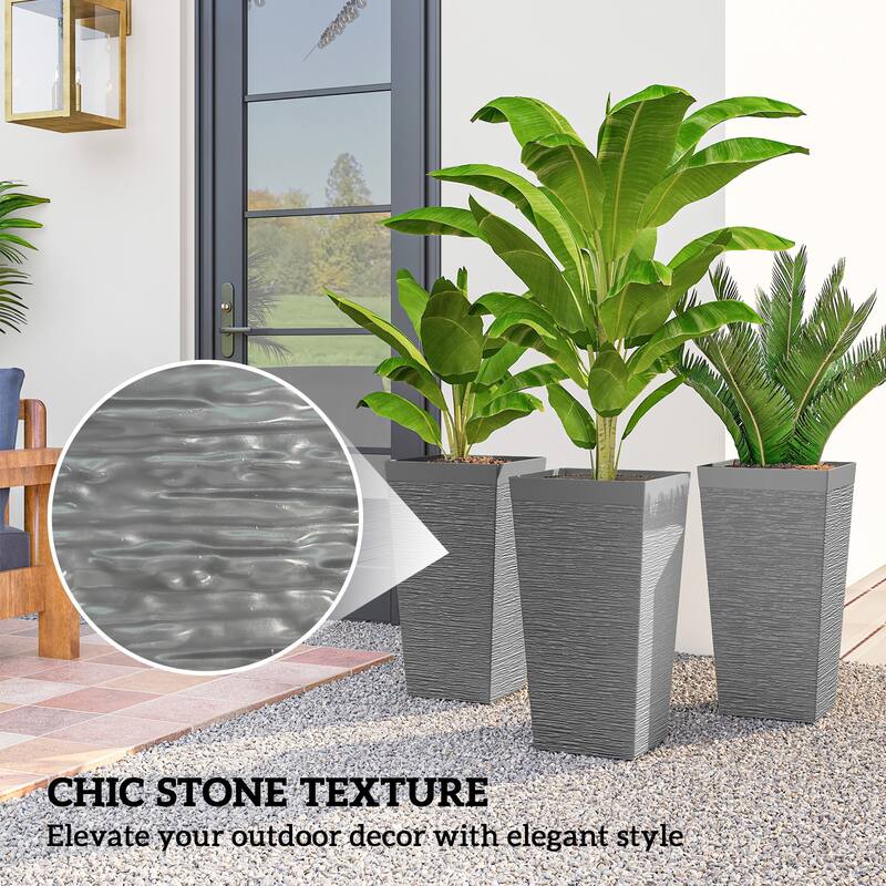 Outsunny 22.8 Inch Tall Planters for Outdoor Plants, Set of 3 Plastic Flower Pots with Stone Finish and Wheels