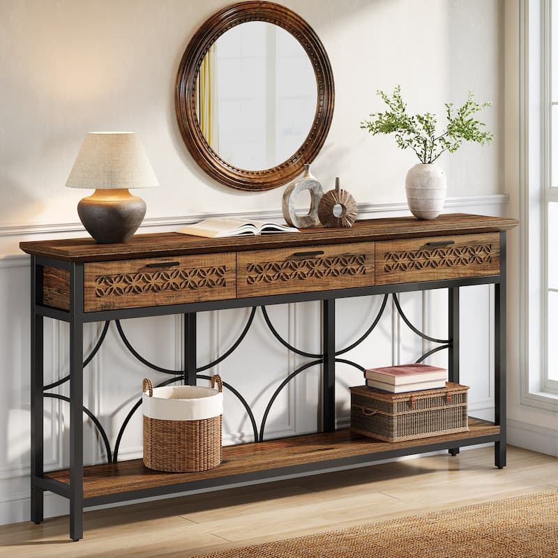 70.9 Inches Wooden Sofa Console Table with 3 Drawers and Storage Shelf - 11.8"D x 70.8"W x 35.4"H