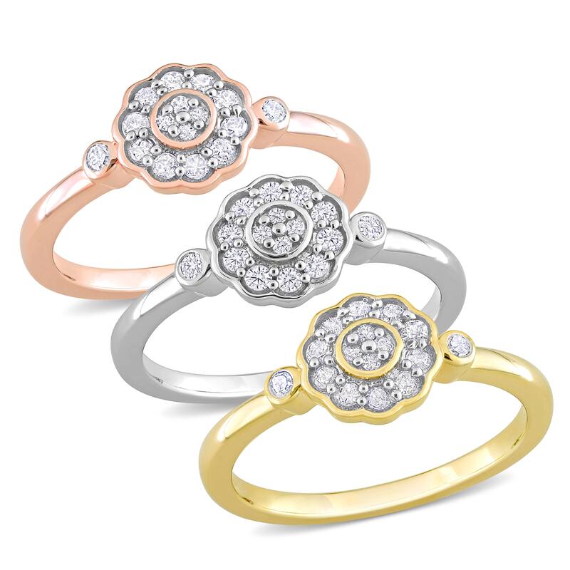 Miadora 3-Piece Set 5/8ct TW Diamond Flower Rings 3-Tone Rose Yellow White Sterling Silver