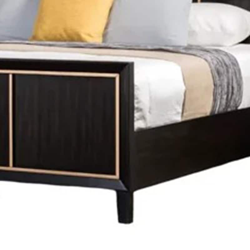 Yada Queen Bed w Gold Trim Accents, Tapered Legs, Espresso Brown Wood