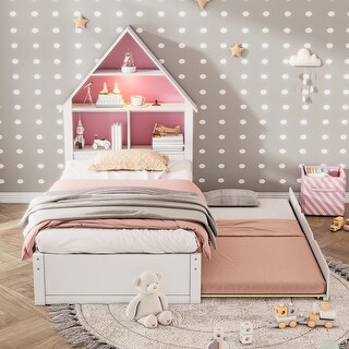 White+Pink Twin Size Wood House-Shaped Bed with Bookcase Headboard and Led Light and Trundle for Kids Boys Girls